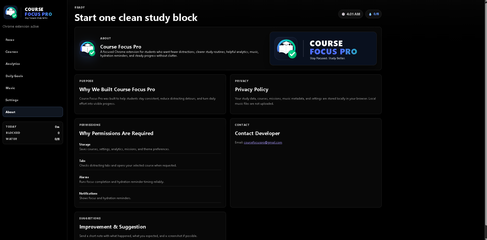 Course Focus Pro privacy and permissions screen