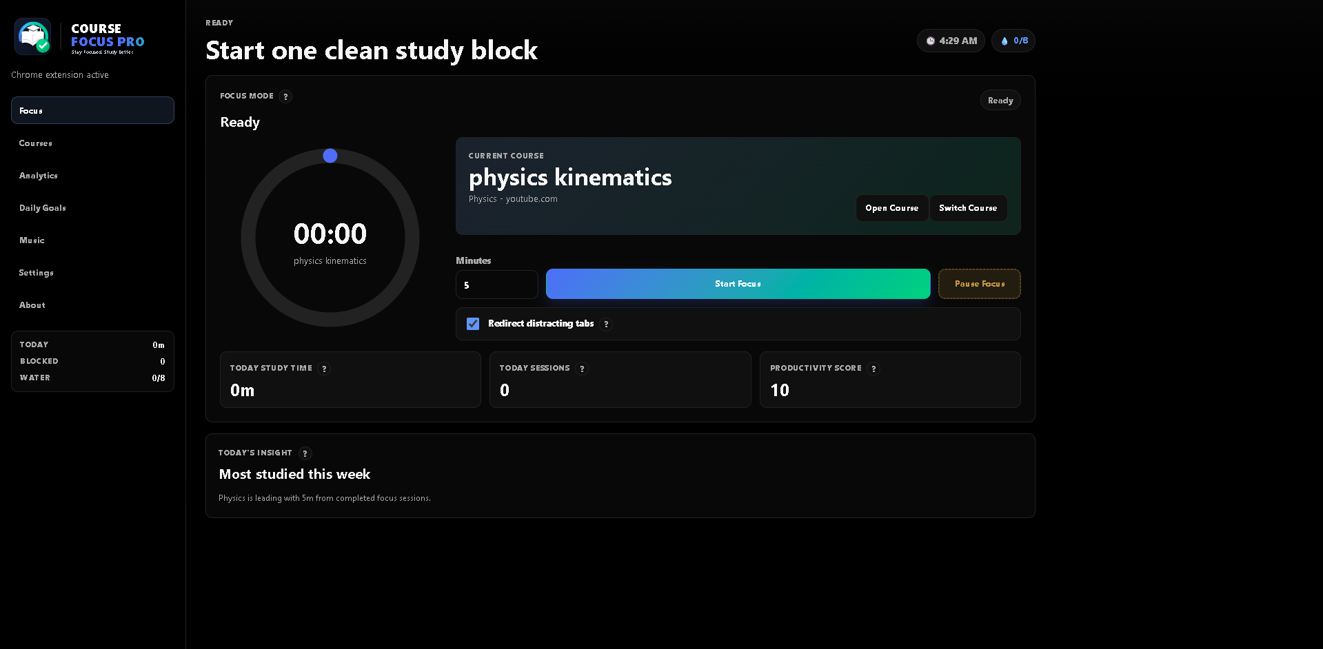 Course Focus Pro dashboard showing a focus timer, selected course and productivity score