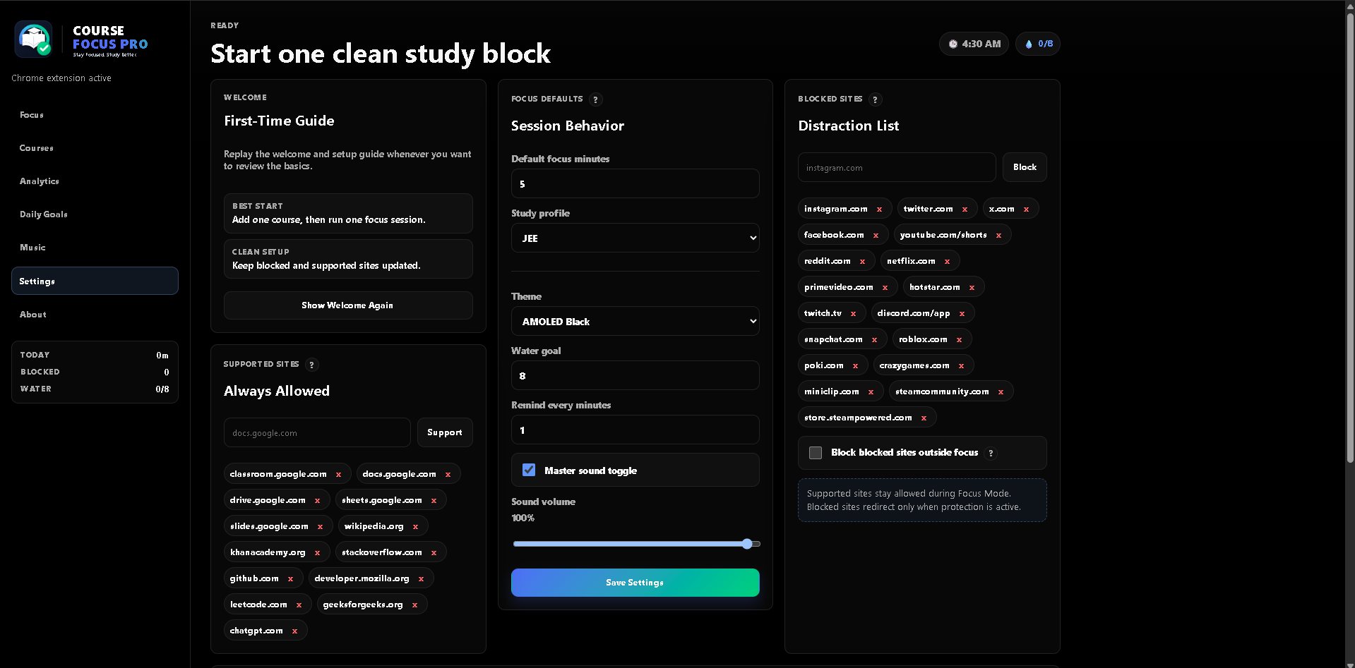 Settings and blocked sites